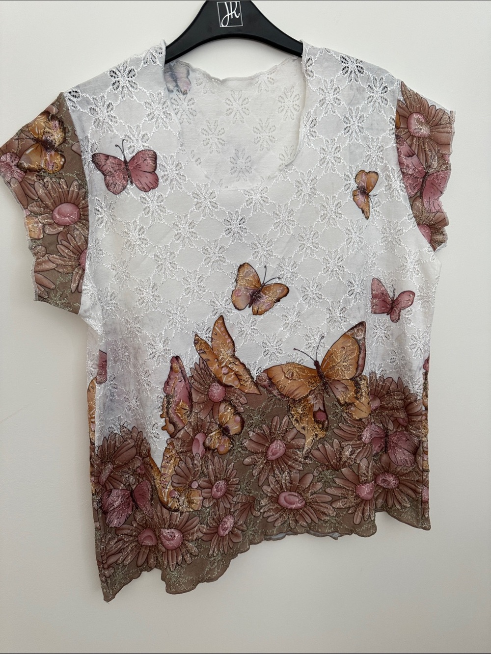 White Short Sleeve Top with Brown & Pink Butterfly Print